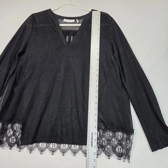 Sandro Paris Black Sheer Lace Hem Blouse Size 1 US S Linen Blend Long Sleeve - Picture 12 of 15
